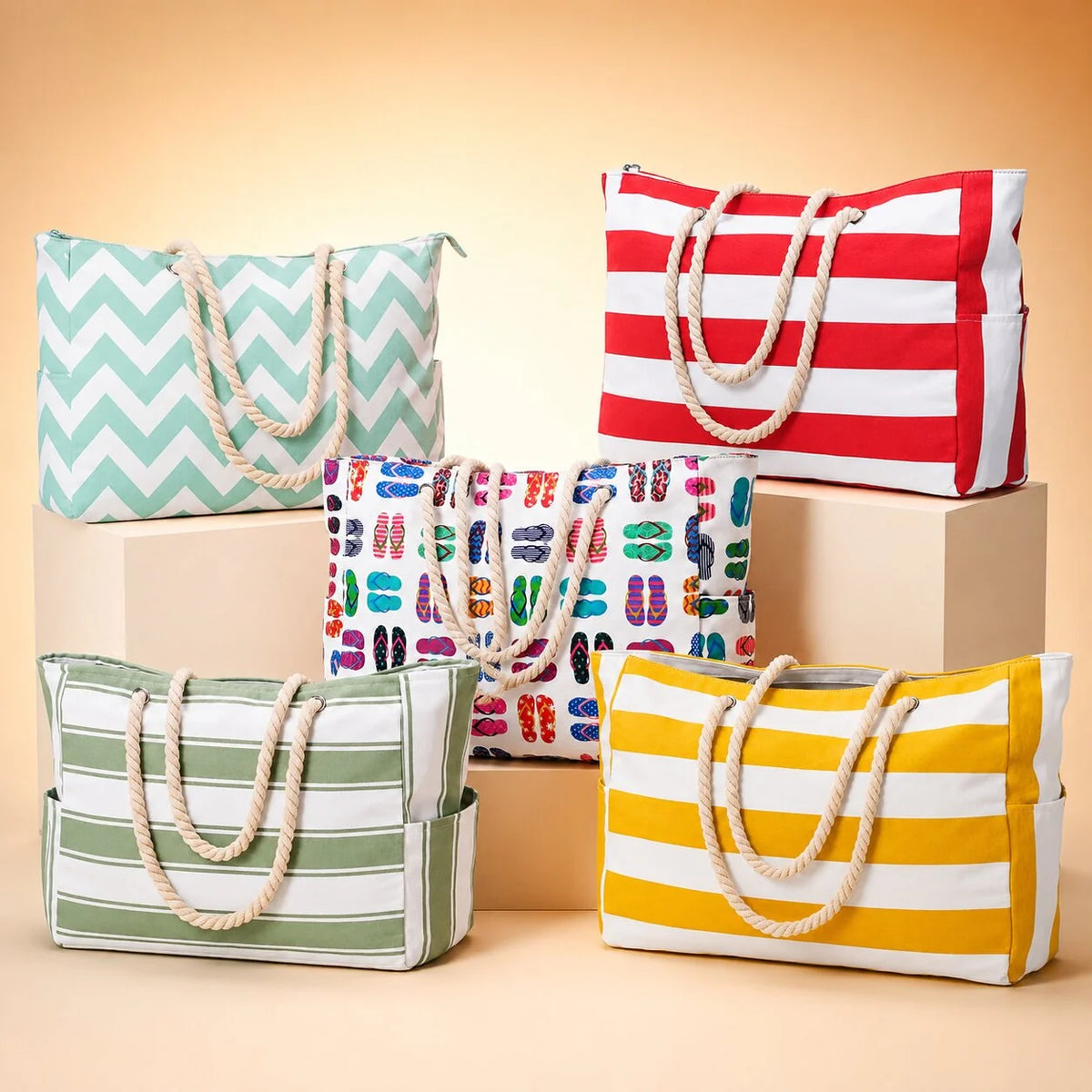 Beach Tote Bag Water-Resistant Zip Top & Multiple Pockets