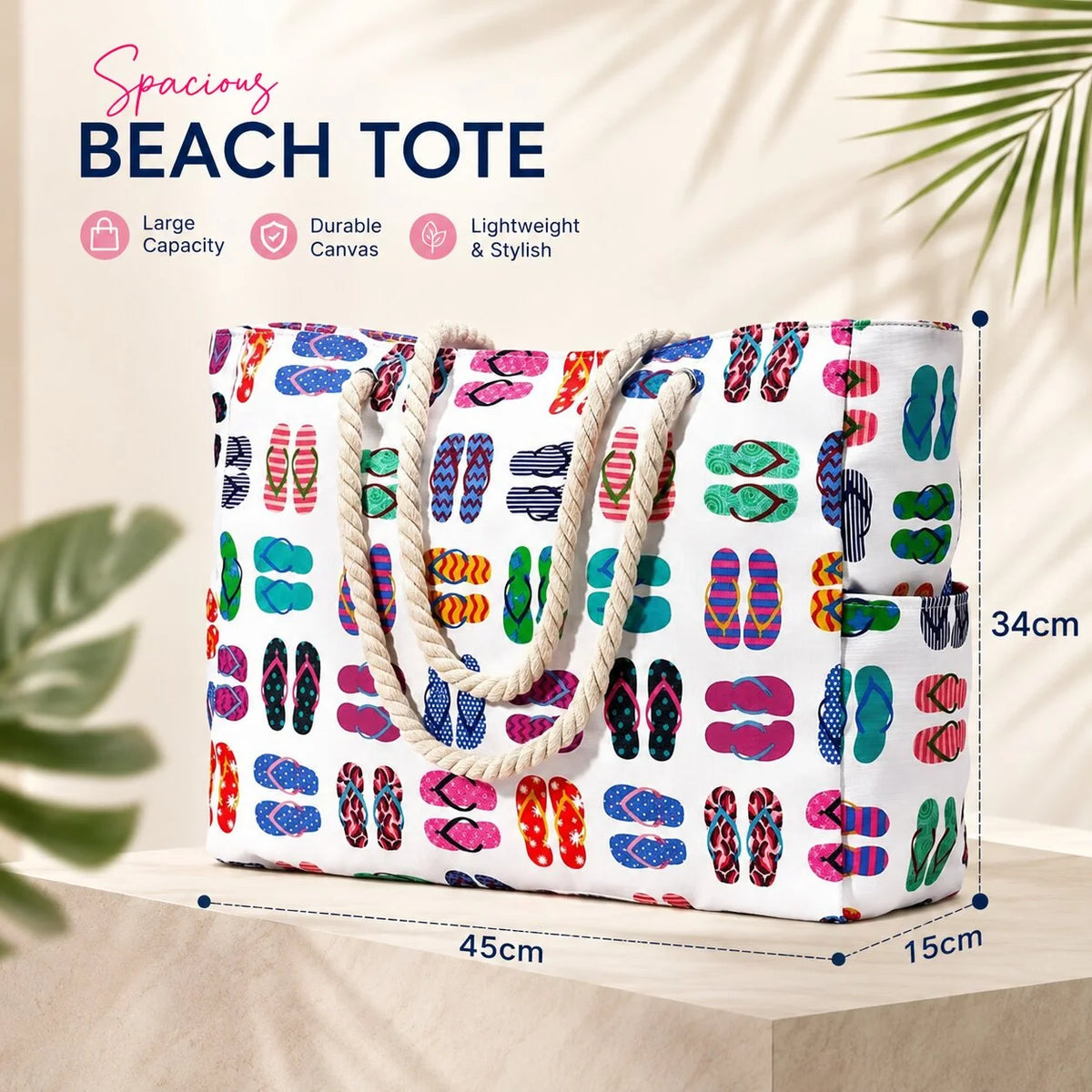 Beach Tote Bag Water-Resistant Zip Top & Multiple Pockets