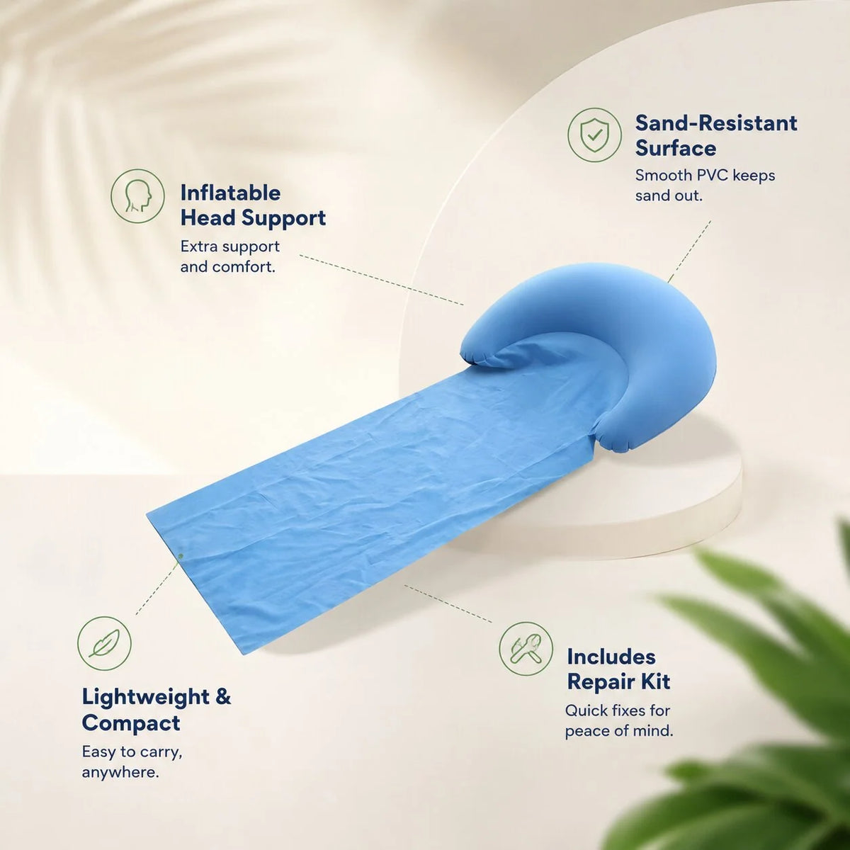 Beach Towel Inflatable Headrest Sand & Moisture-Resistant Foldable