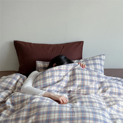 Bedding Set Breathable Cotton Muslin Pastel Check Pattern