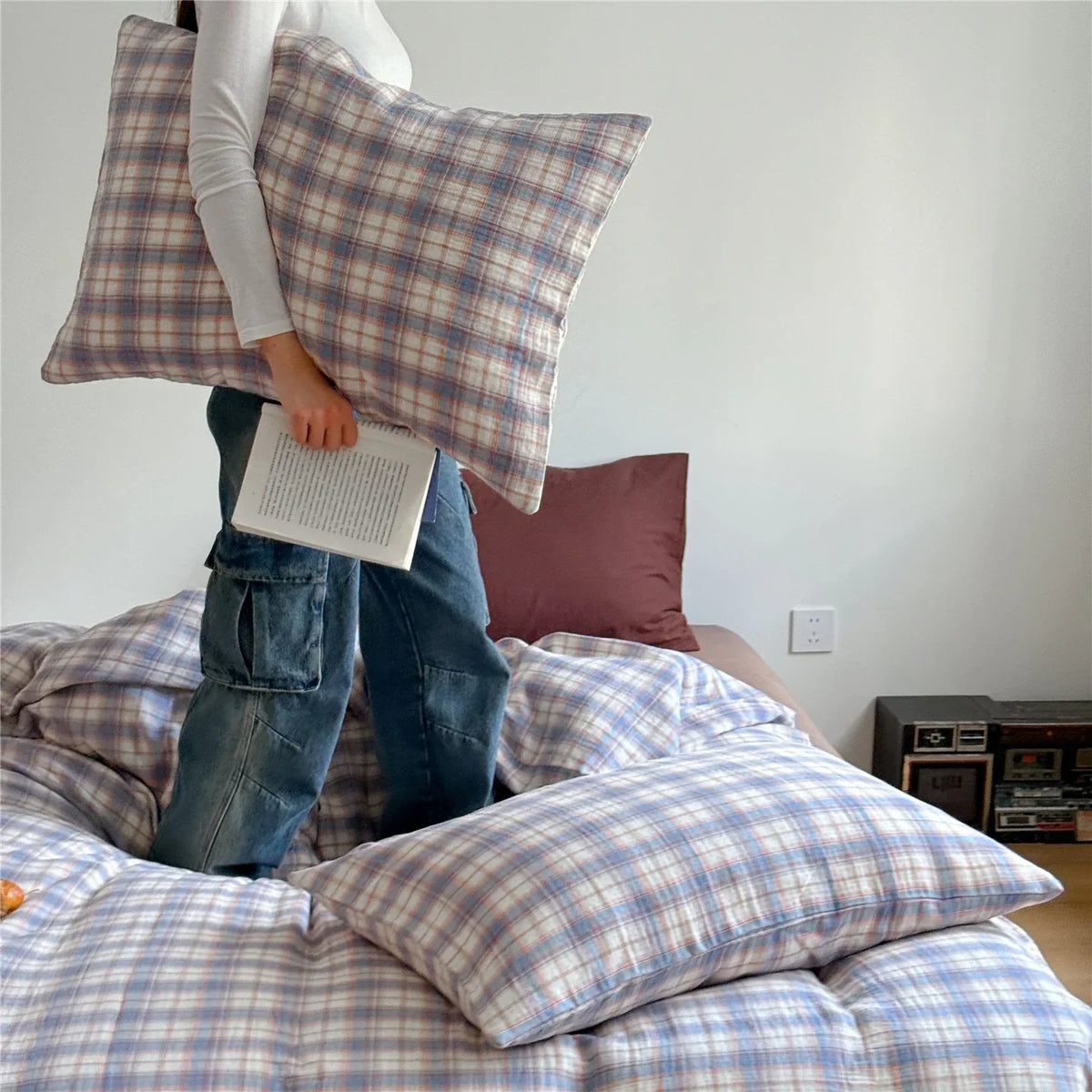 Bedding Set Breathable Cotton Muslin Pastel Check Pattern
