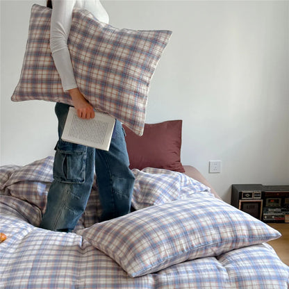 Bedding Set Breathable Cotton Muslin Pastel Check Pattern