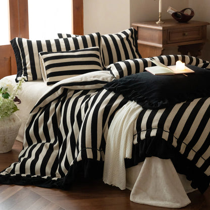 Bedding Set Cotton-Linen Blend Striped Ruffled Hem 4-Piece