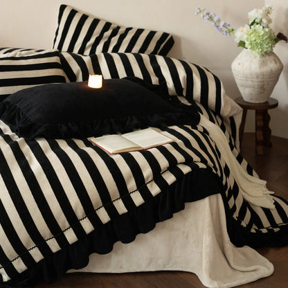 Bedding Set Cotton-Linen Blend Striped Ruffled Hem 4-Piece