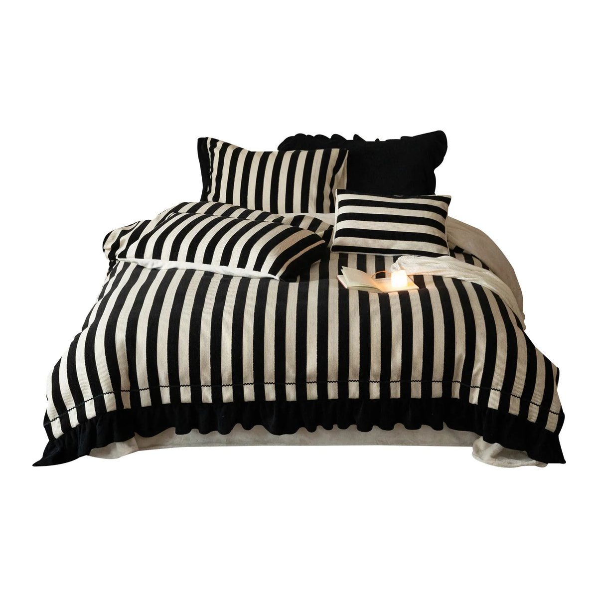 Bedding Set Cotton-Linen Blend Striped Ruffled Hem 4-Piece