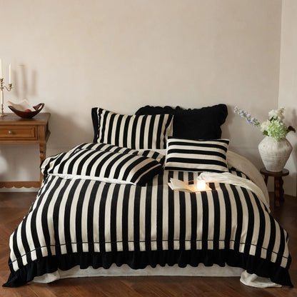 Bedding Set Cotton-Linen Blend Striped Ruffled Hem 4-Piece