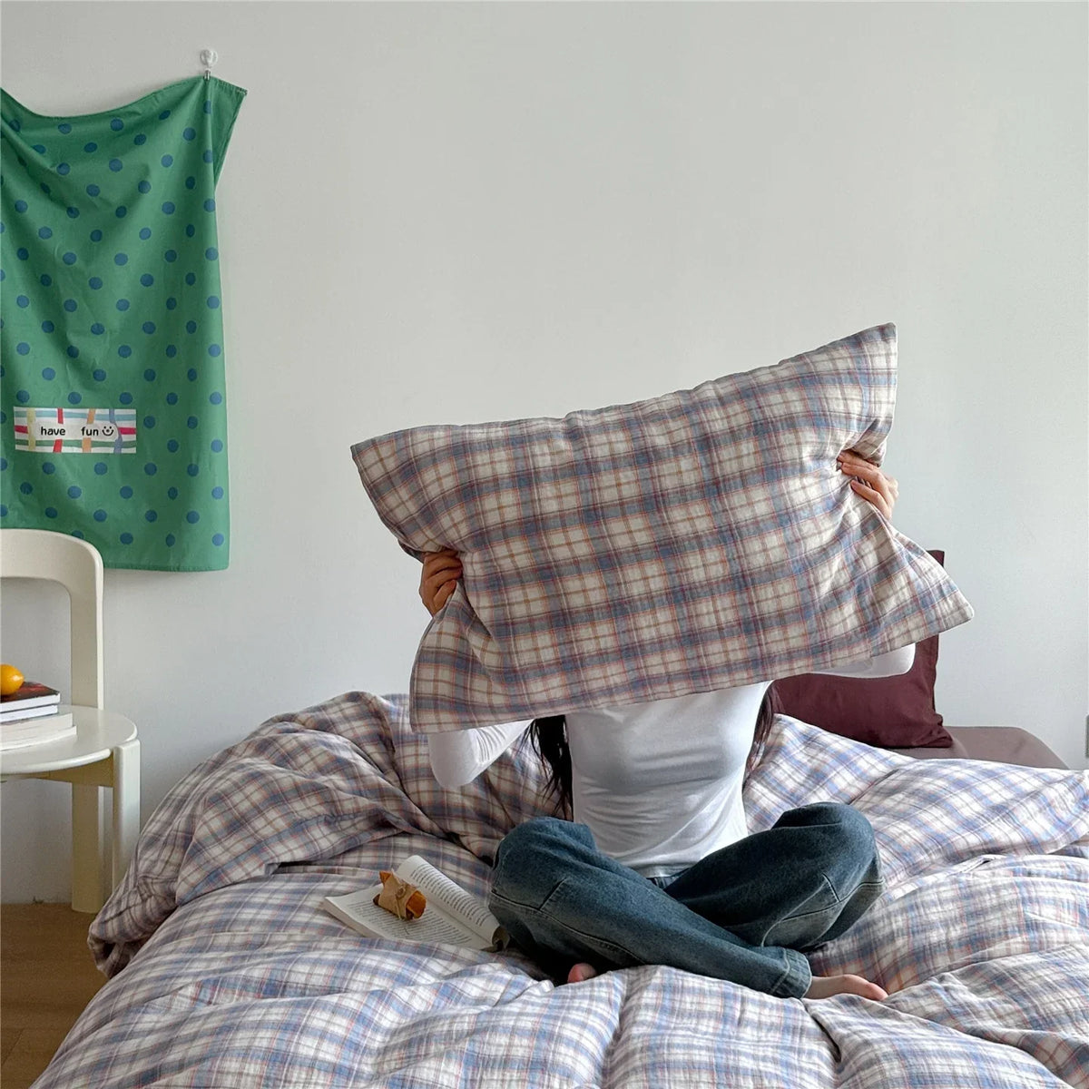 Bedding Set Cotton Muslin Breathable Pastel Check