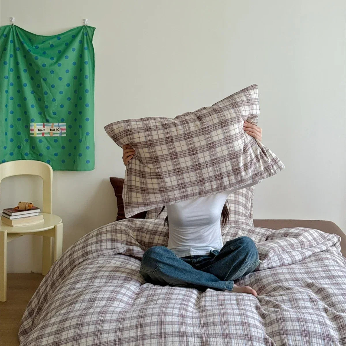 Bedding Set Cotton Muslin Breathable Pastel Check