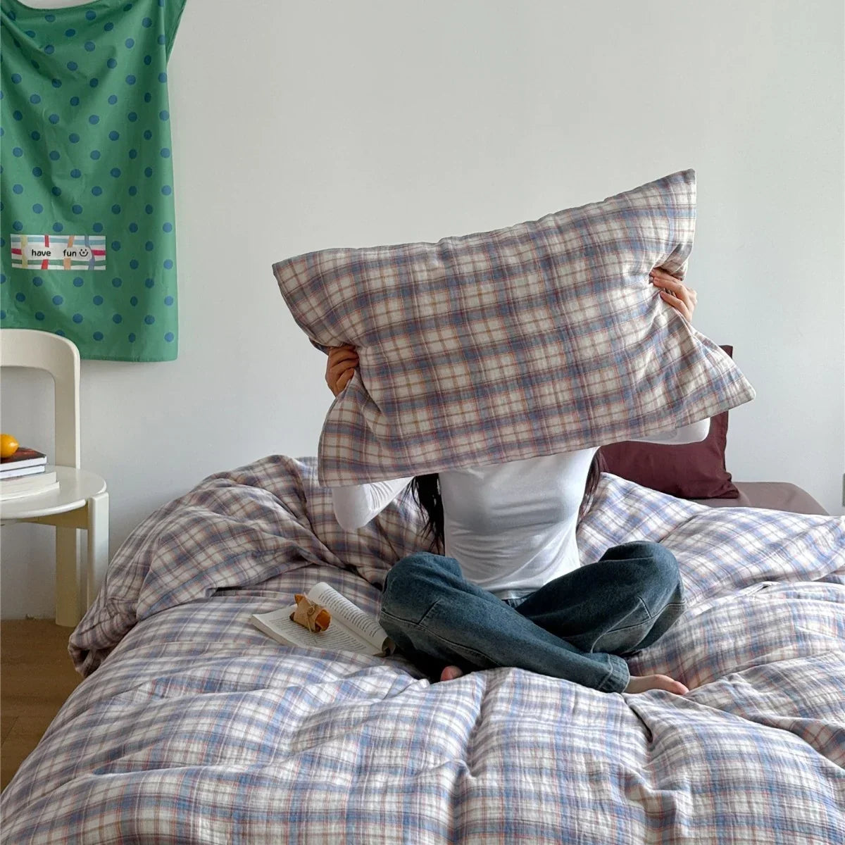 Bedding Set Cotton Muslin Breathable Pastel Check