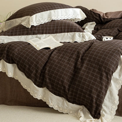 Bedding Set Flannel Reversible Check Pattern Lace Trim