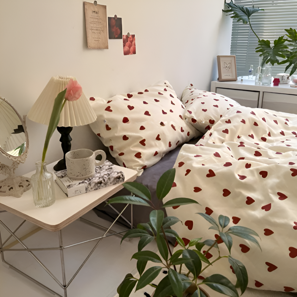 Bedding Set Heart Pattern Polyester Machine Washable