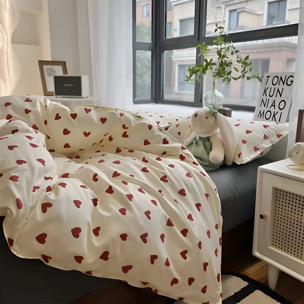 Bedding Set Heart Pattern Polyester Machine Washable