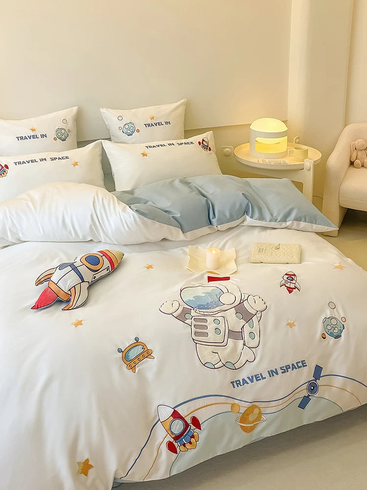 Bedding Set Reversible Astronaut Design Cotton Blend Breathable Comfort