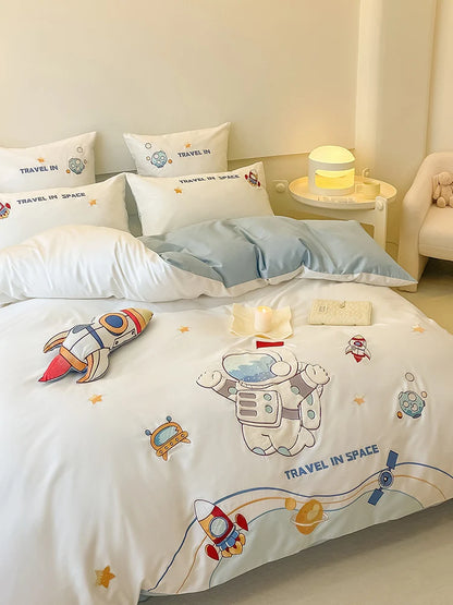 Bedding Set Reversible Astronaut Design Cotton Blend Breathable Comfort