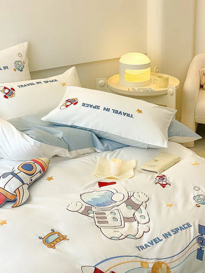 Bedding Set Reversible Astronaut Design Cotton Blend Breathable Comfort