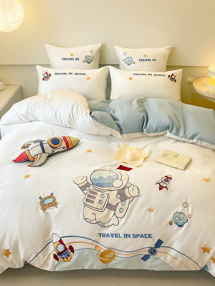 Bedding Set Reversible Astronaut Design Cotton Blend Breathable Comfort