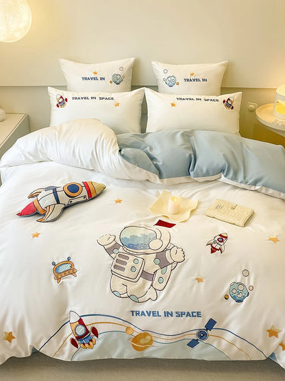 Bedding Set Reversible Astronaut Design Cotton Blend Breathable Comfort