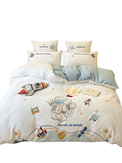 Bedding Set Reversible Astronaut Design Cotton Blend Breathable Comfort