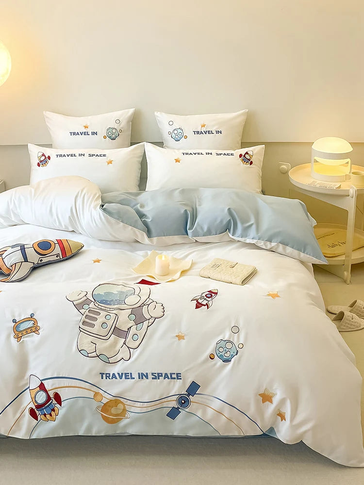 Bedding Set Reversible Astronaut Design Cotton Blend Breathable Comfort
