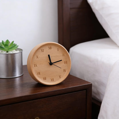 Bedside Alarm Clock Beech Wood Silent Quartz Battery Powered