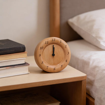 Bedside Alarm Clock Beech Wood Silent Quartz Battery Powered