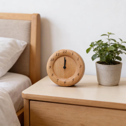 Bedside Alarm Clock Beech Wood Silent Quartz Battery Powered