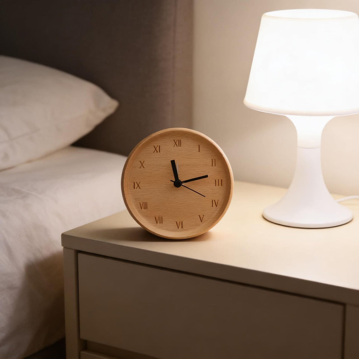 Bedside Alarm Clock Beech Wood Silent Quartz Battery Powered