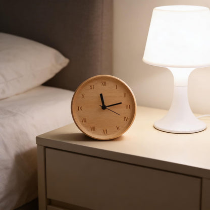 Bedside Alarm Clock Beech Wood Silent Quartz Battery Powered