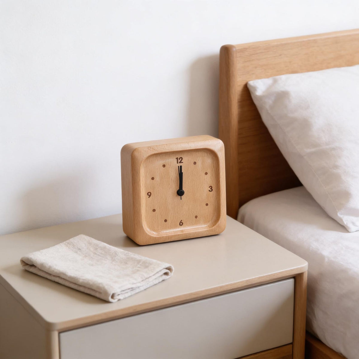 Bedside Alarm Clock Beech Wood Silent Quartz Battery Powered