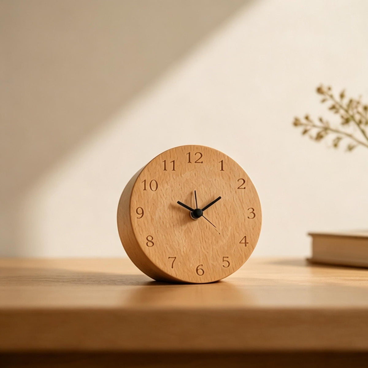Bedside Alarm Clock Beech Wood Silent Quartz Battery Powered