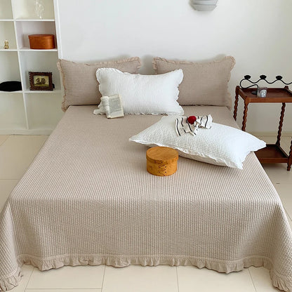 Bedspread Set Waffle Texture Ruffled Hem Quilted Pillowcases Included