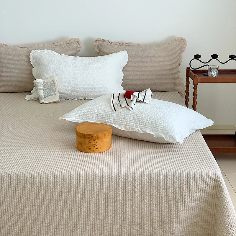 Bedspread Set Waffle Texture Ruffled Hem Quilted Pillowcases Included