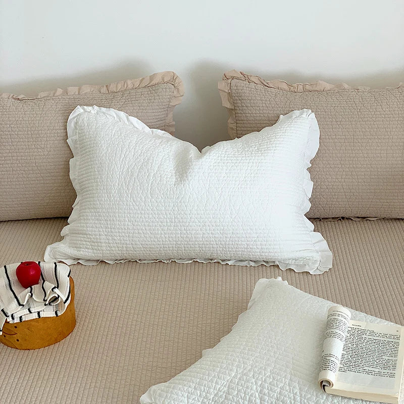 Bedspread Set Waffle Texture Ruffled Hem Quilted Pillowcases Included