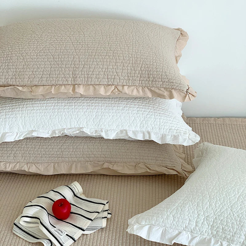Bedspread Set Waffle Texture Ruffled Hem Quilted Pillowcases Included