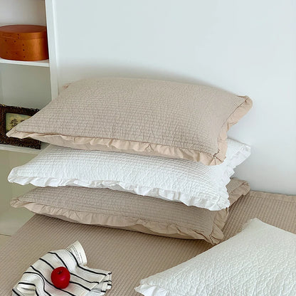 Bedspread Set Waffle Texture Ruffled Hem Quilted Pillowcases Included