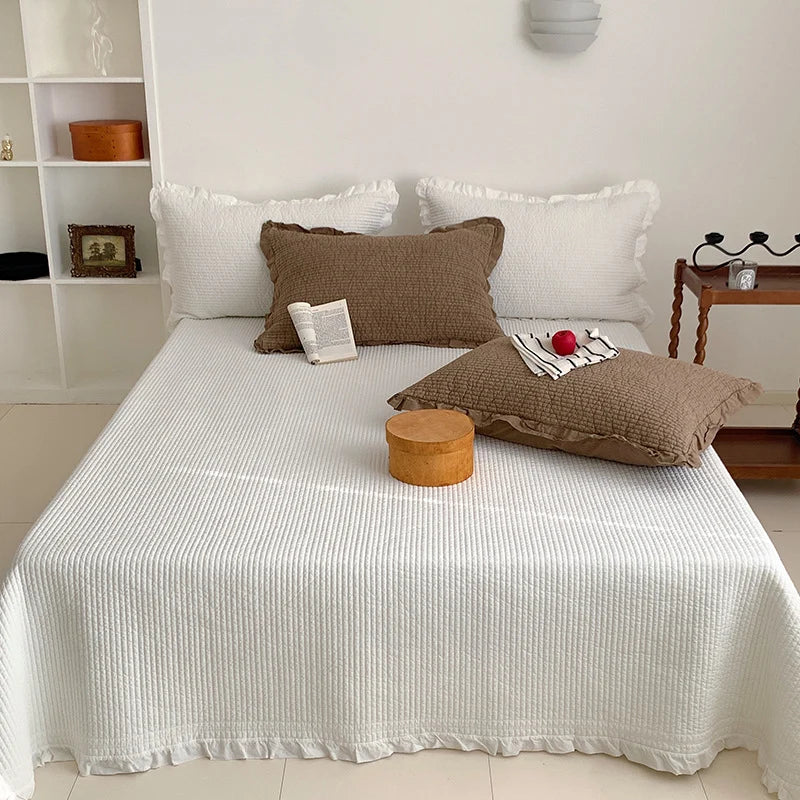 Bedspread Set Waffle Texture Ruffled Hem Quilted Pillowcases Included