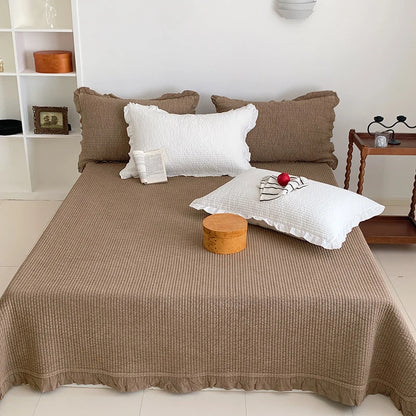 Bedspread Set Waffle Texture Ruffled Hem Quilted Pillowcases Included