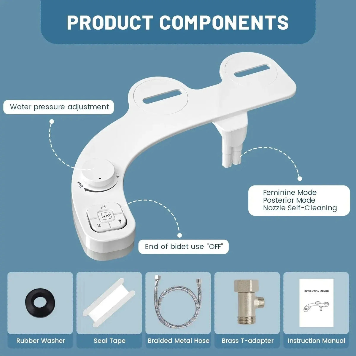 Bidet Attachment Dual Nozzles Adjustable Water Pressure Tool-Free Installation
