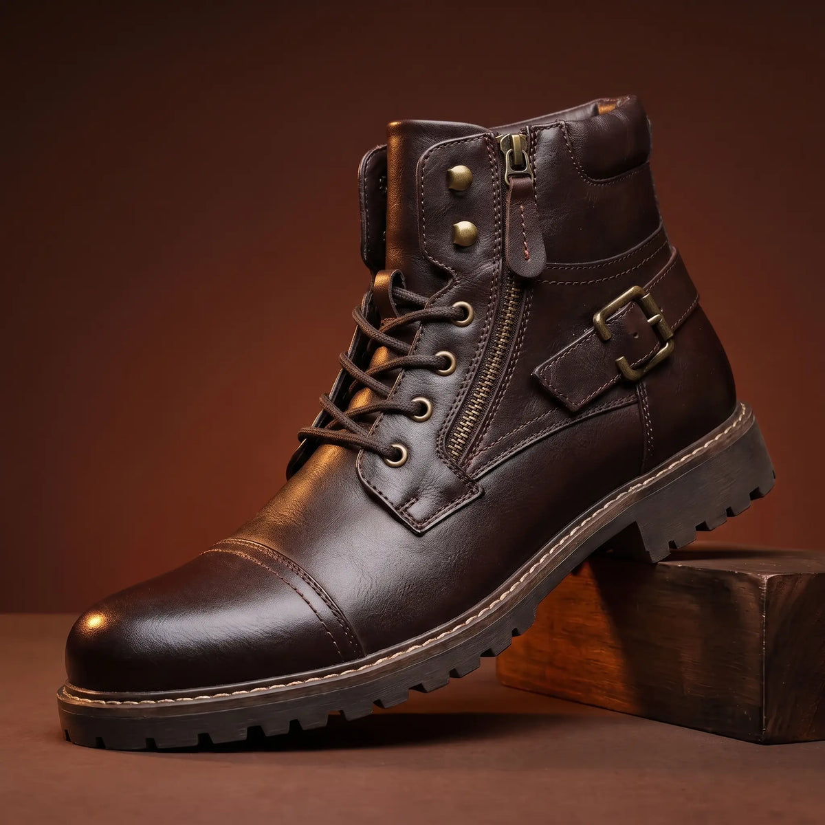 Biker Boots Side Zip Buckle Strap Deep Tread