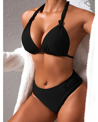 Bikini Set Adjustable Triangle Halterneck Ruched Side Bottoms