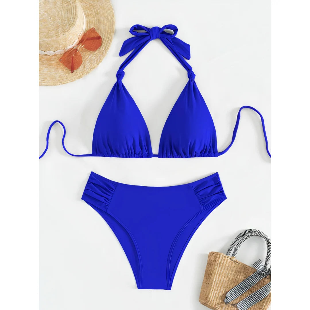 Bikini Set Adjustable Triangle Halterneck Ruched Side Bottoms