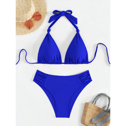 Bikini Set Adjustable Triangle Halterneck Ruched Side Bottoms