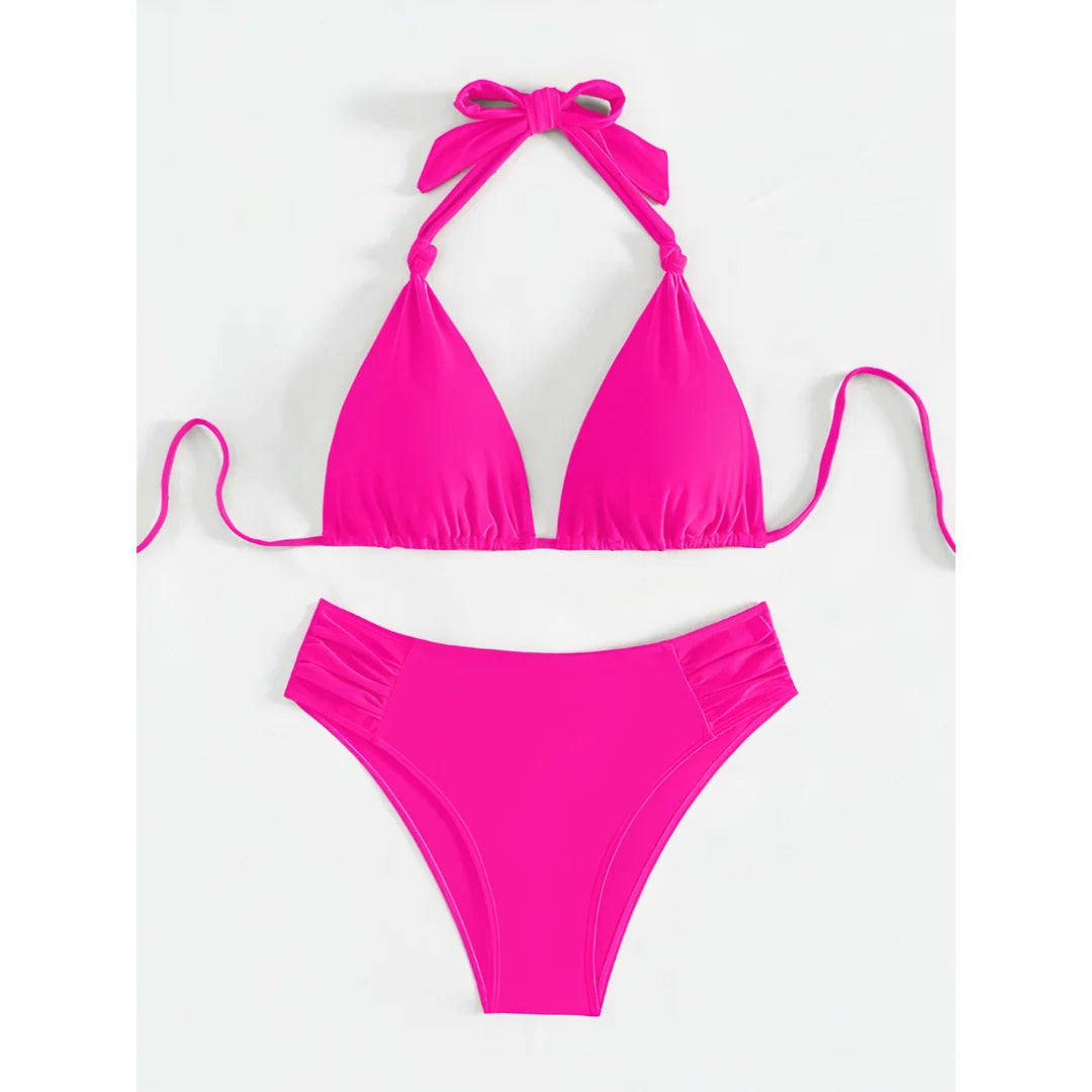 Bikini Set Adjustable Triangle Halterneck Ruched Side Bottoms