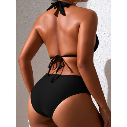 Bikini Set Adjustable Triangle Halterneck Ruched Side Bottoms