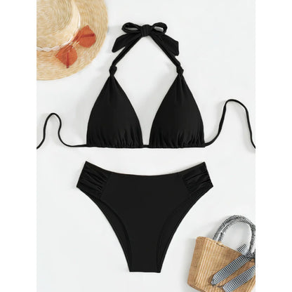Bikini Set Adjustable Triangle Halterneck Ruched Side Bottoms