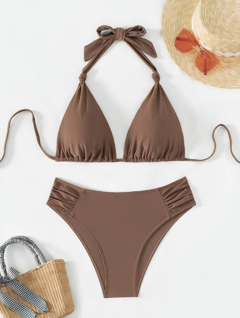 Bikini Set Adjustable Triangle Halterneck Ruched Side Bottoms