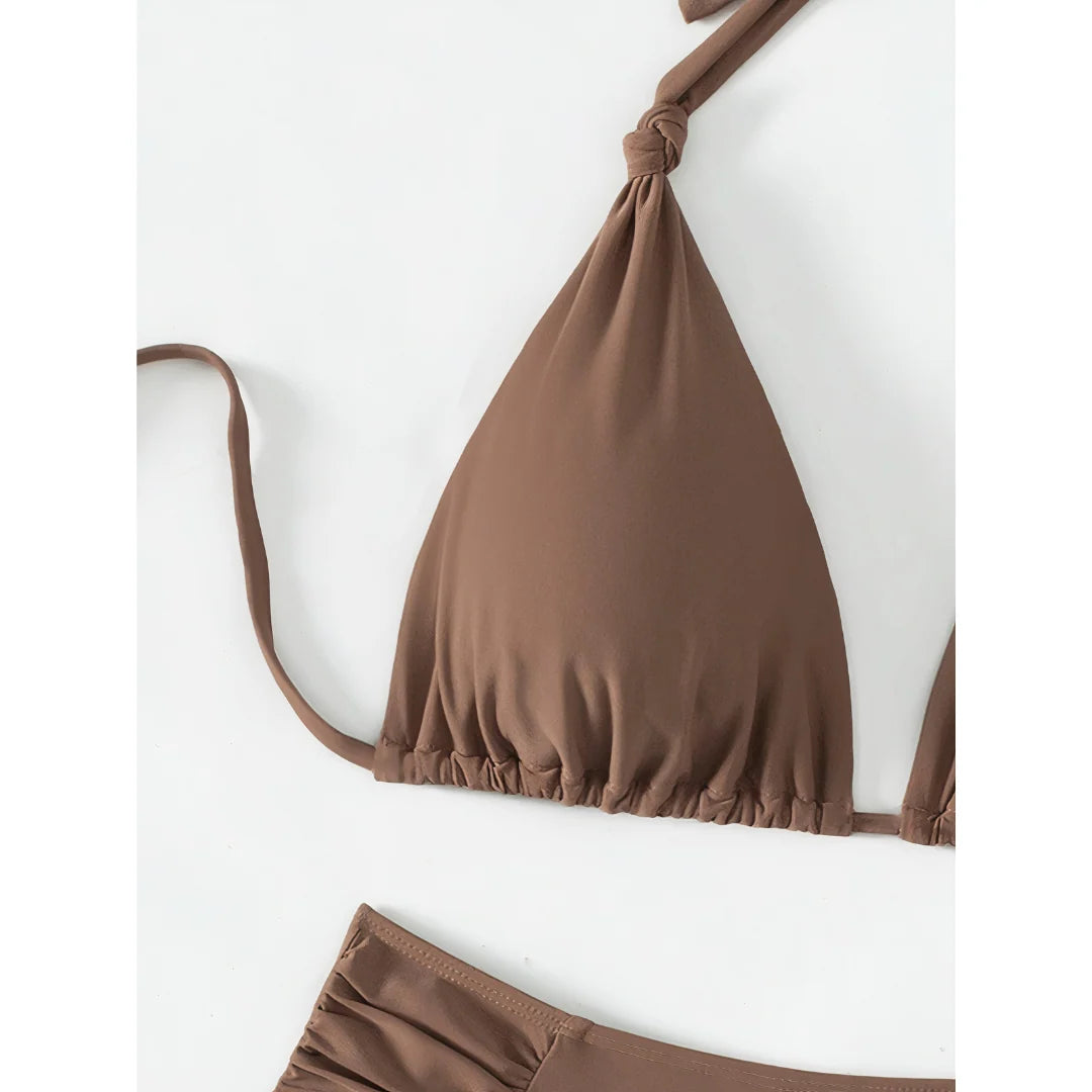 Bikini Set Adjustable Triangle Halterneck Ruched Side Bottoms