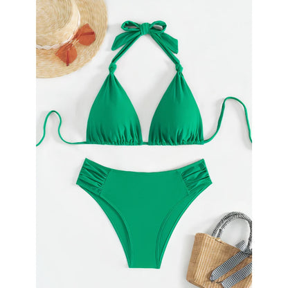 Bikini Set Adjustable Triangle Halterneck Ruched Side Bottoms