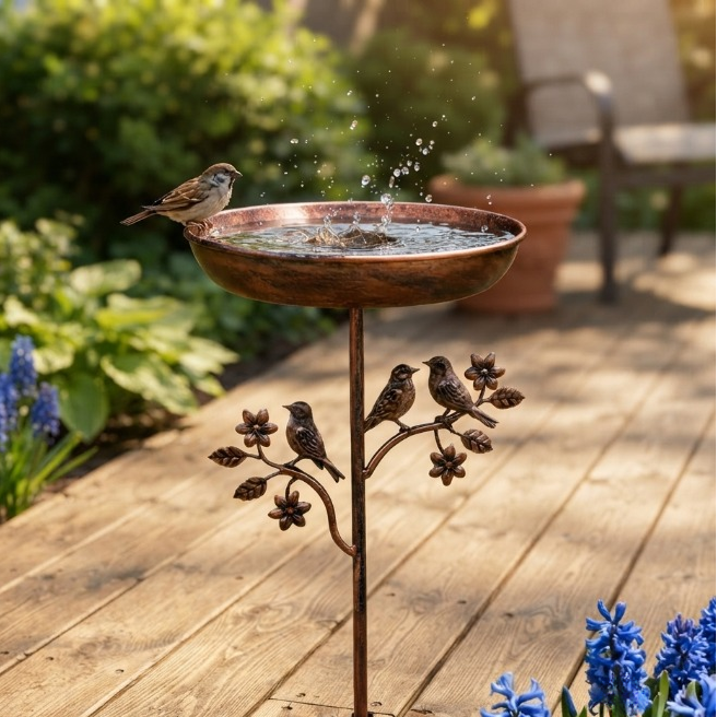 Bird Bath Copper-Look Metal Stake 9.5 Inch Bowl