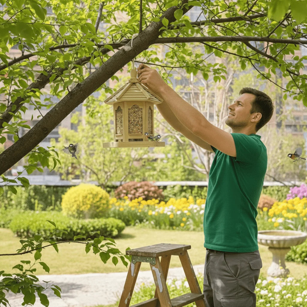 Bird Feeder Wooden Hanging Integrated Water System Weather-Resistant